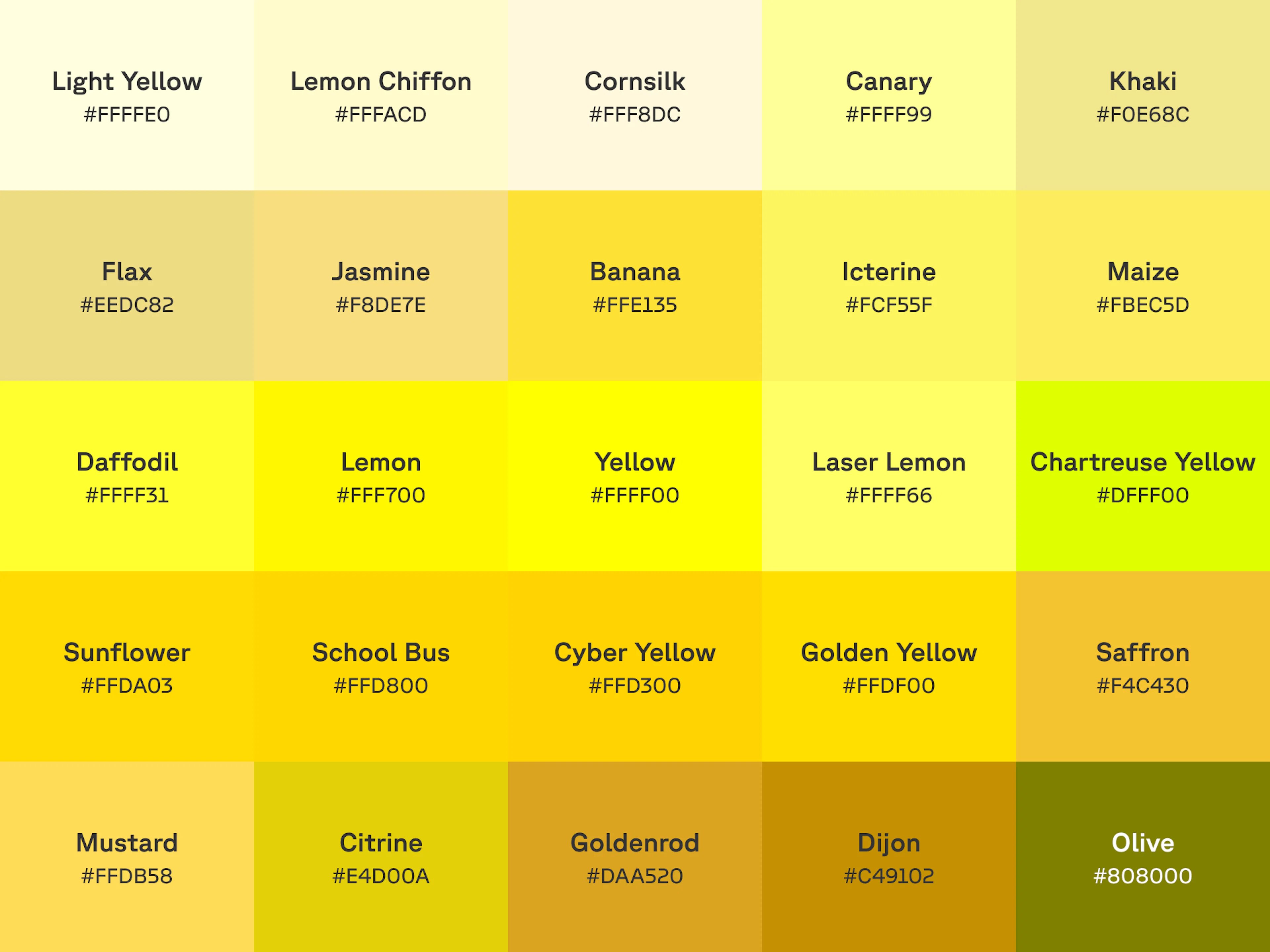 Chart of 25 shades of yellow with name and hex code displayed on each color swatch.
