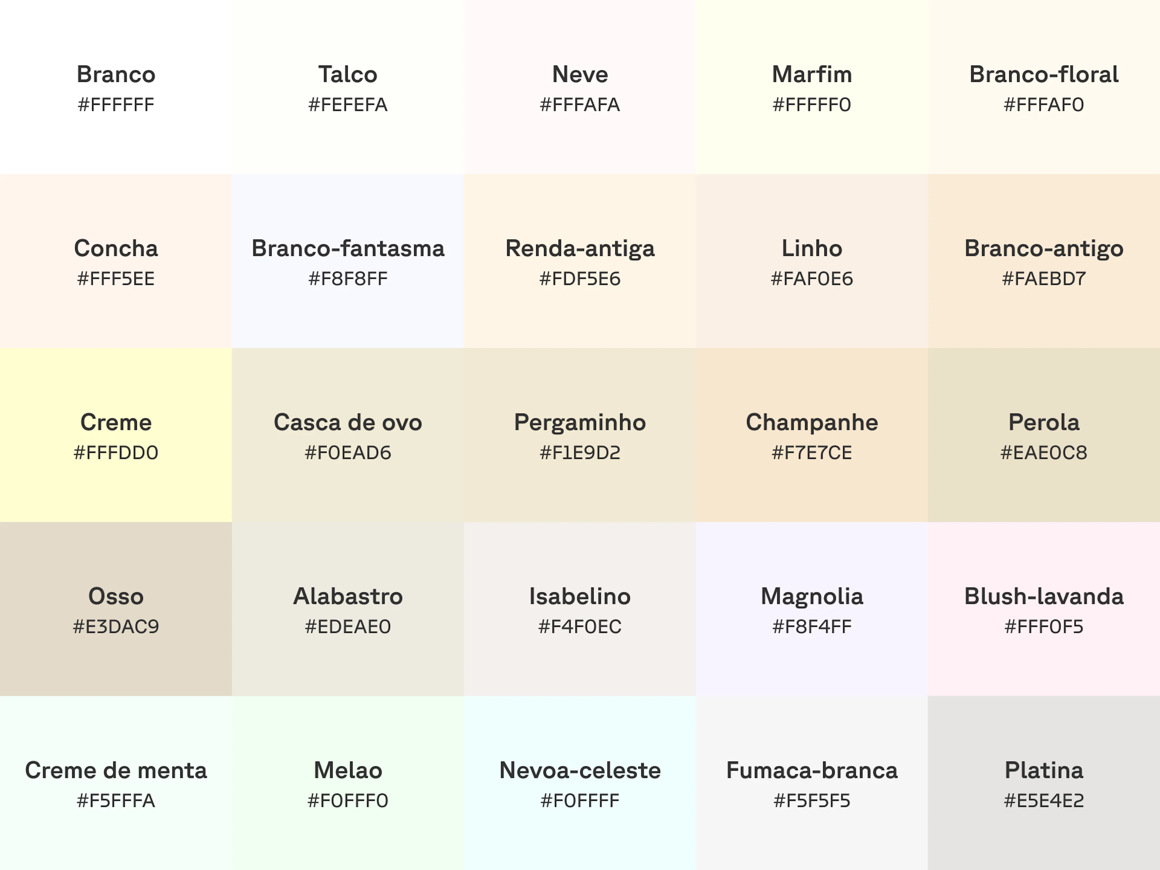 Gráfico com 25 tons de branco com nome e código hex em cada amostra de cor.
