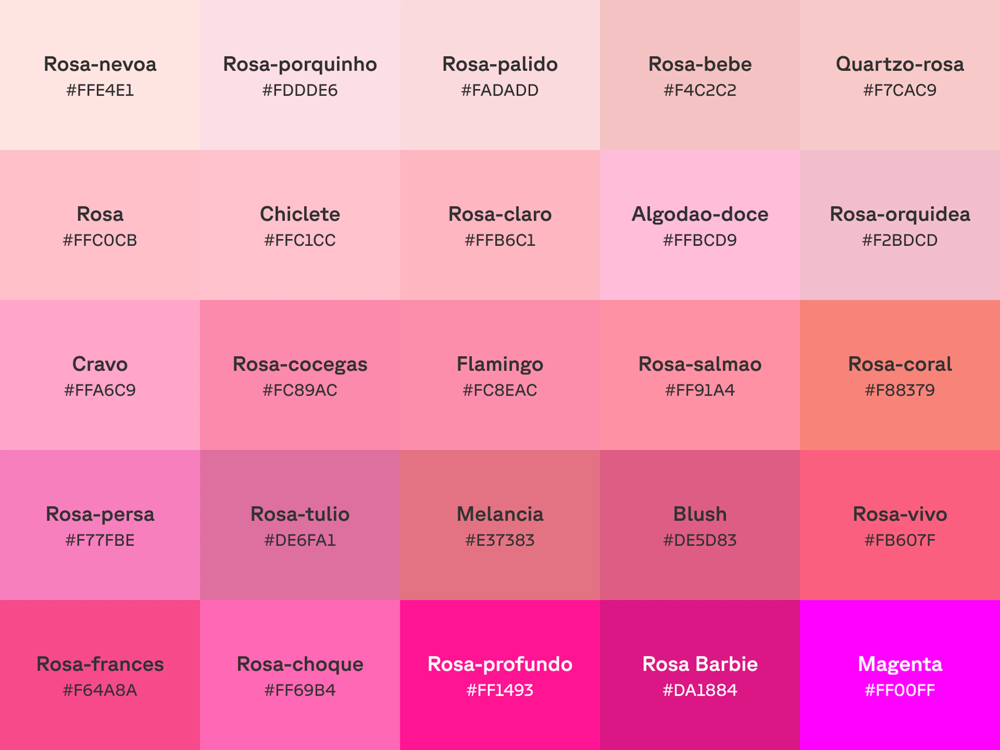 Gráfico com 25 tons de rosa com nome e código hex em cada amostra de cor.