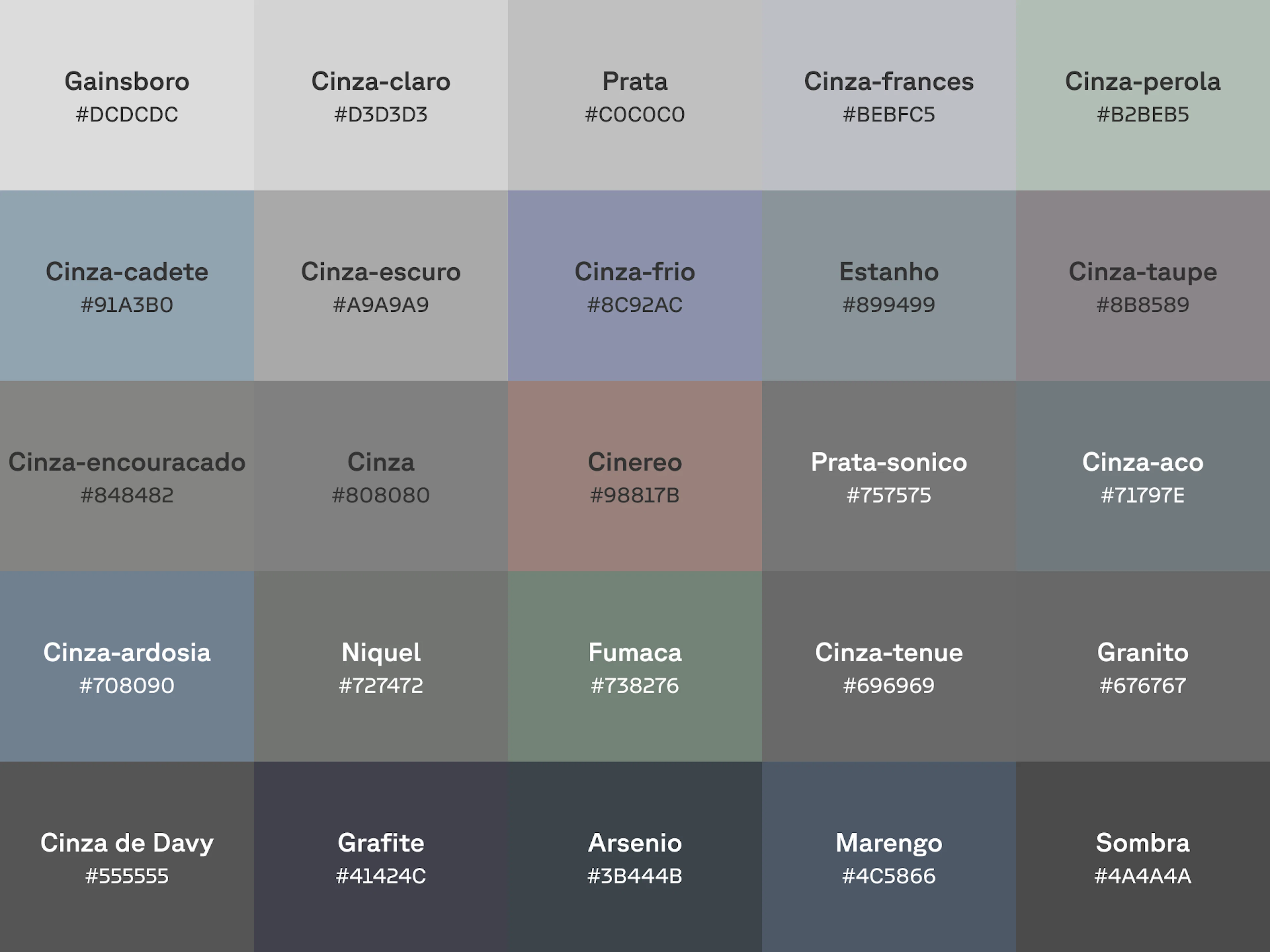 Gráfico com 25 tons de cinza com nome e código hex em cada amostra de cor.