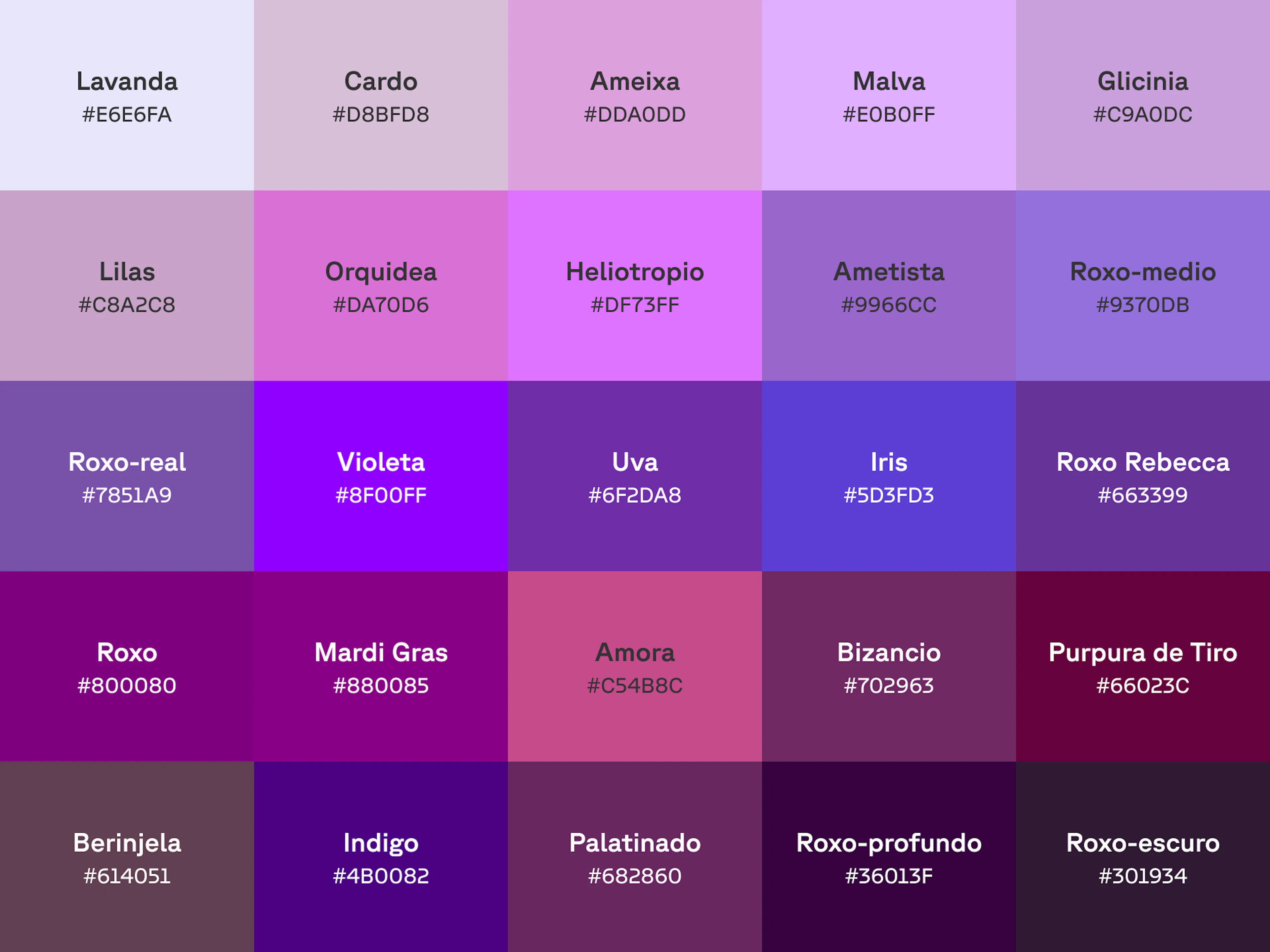 Gráfico com 25 tons de roxo com nome e código hex em cada amostra de cor.
