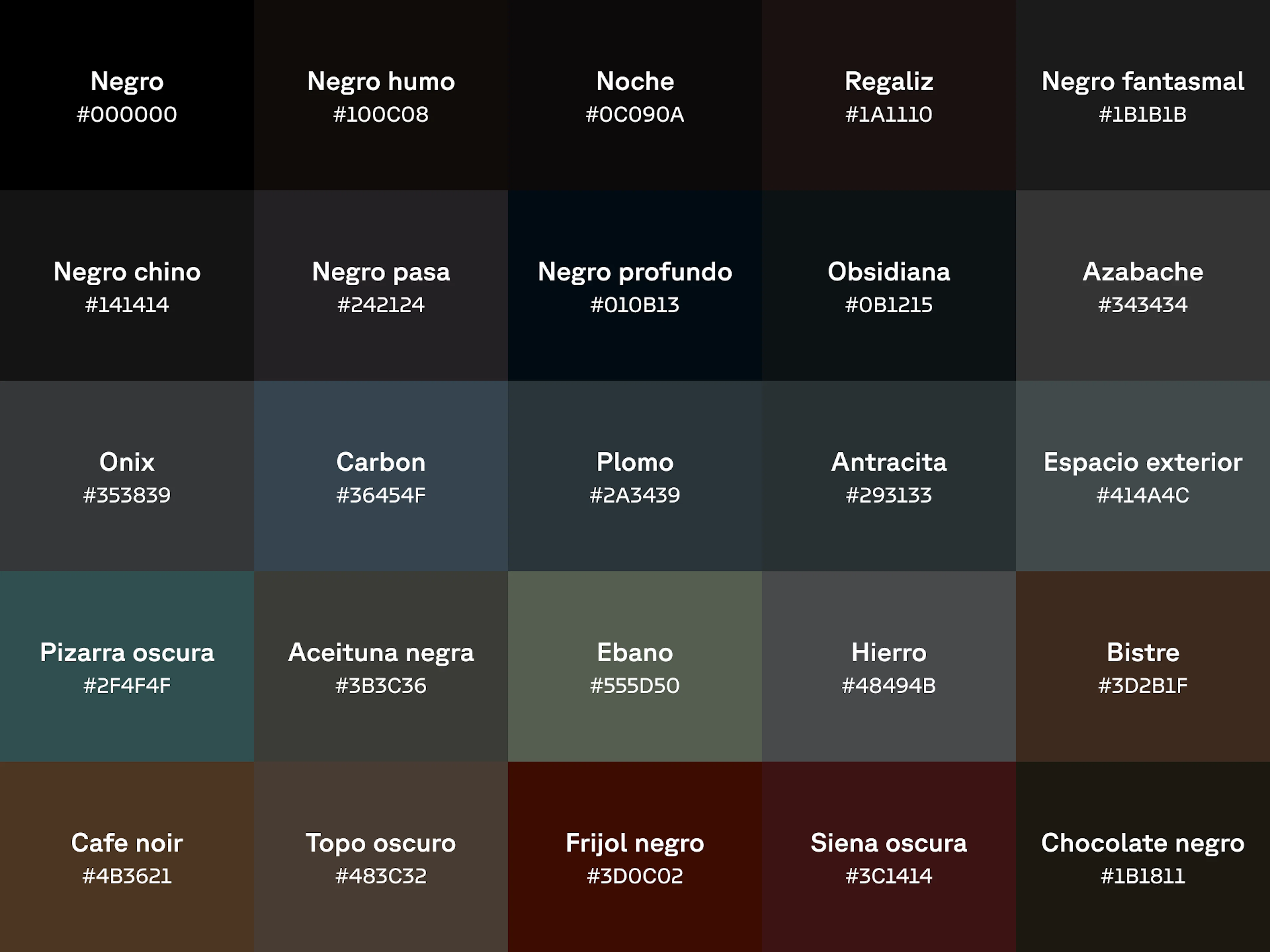 Gráfico de 25 tonos de negro con el nombre y el código hex en cada muestra de color.