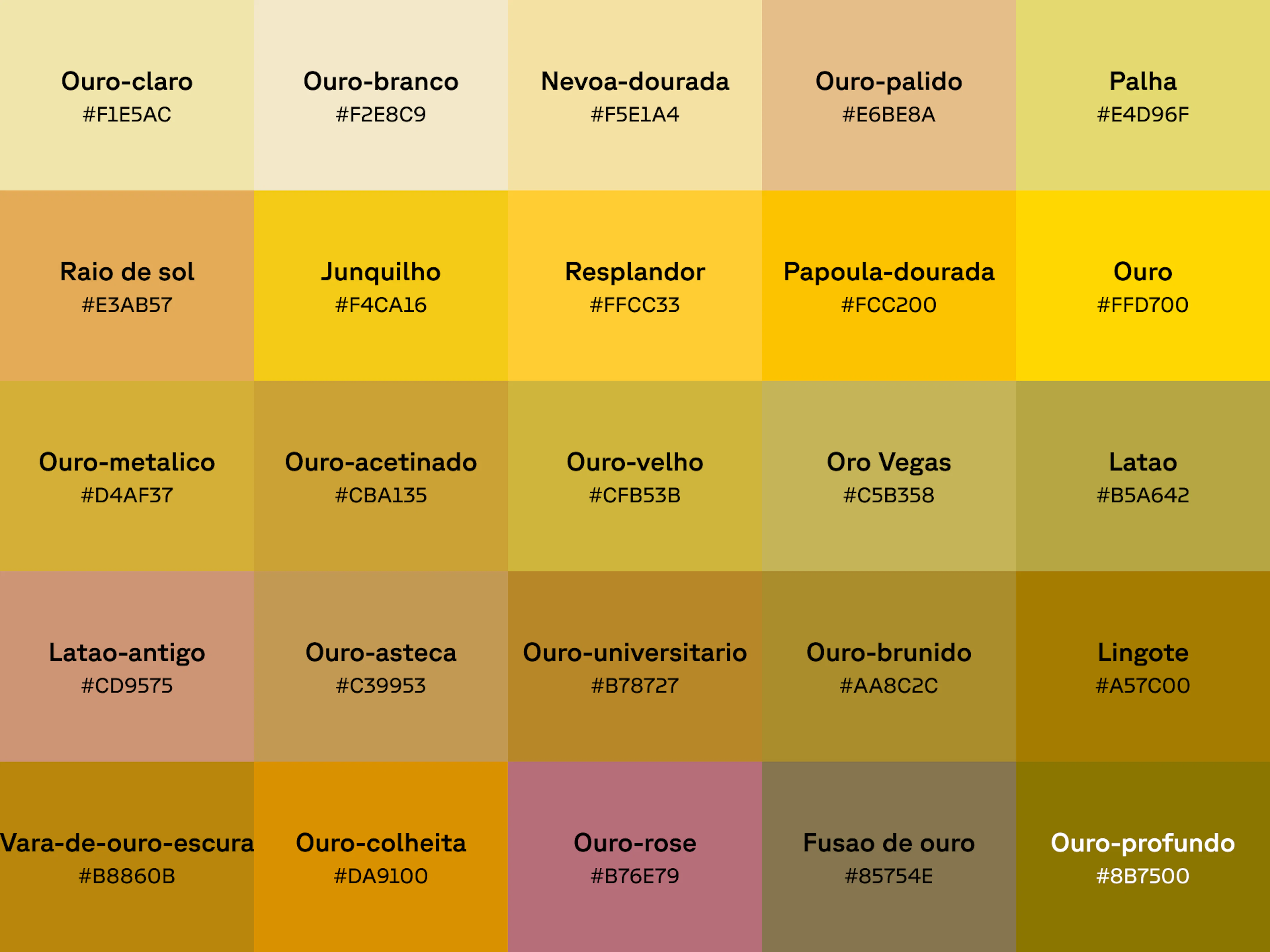 Gráfico com 25 tons de dourado com nome e código hex em cada amostra de cor.