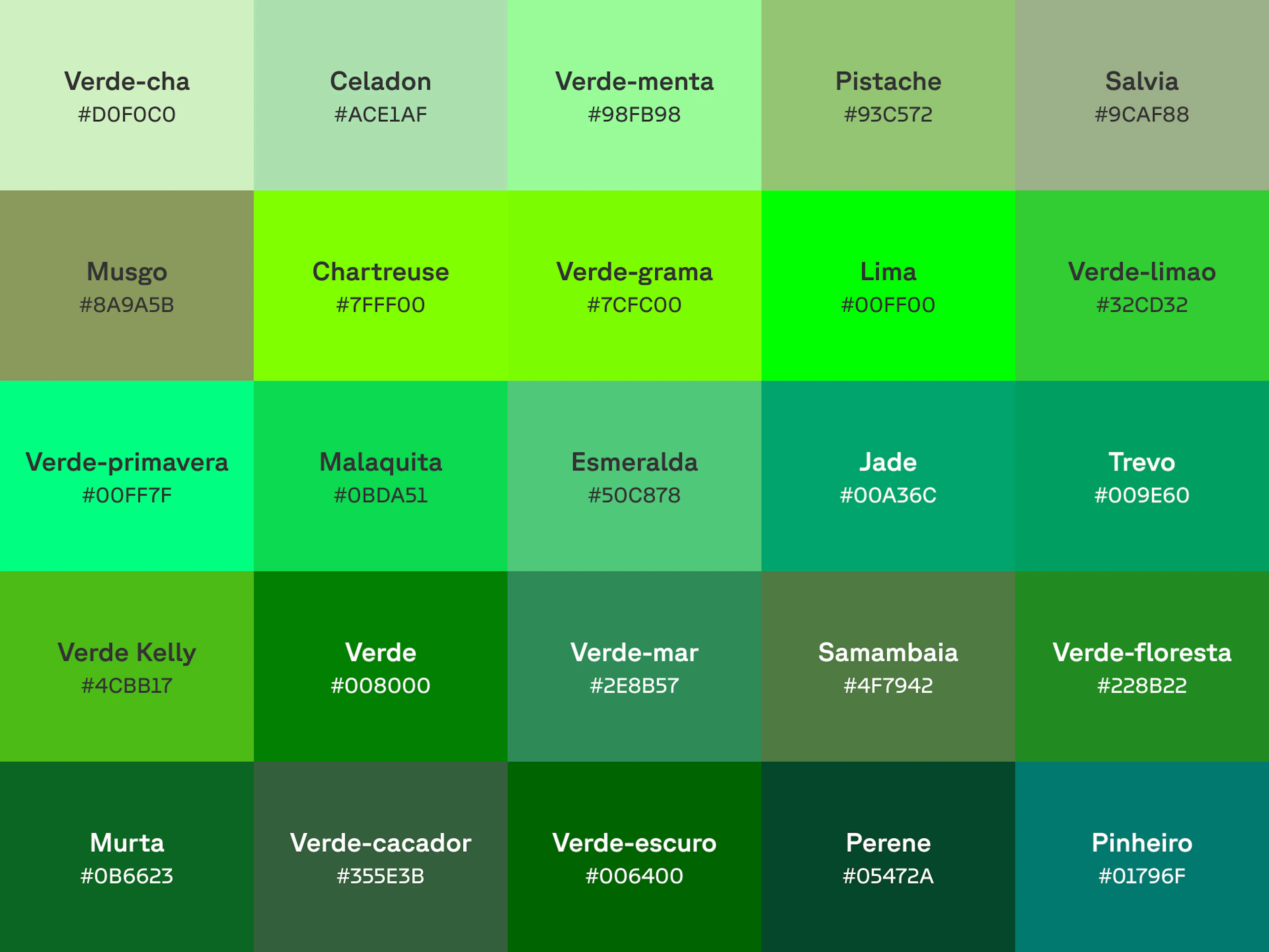 Gráfico com 25 tons de verde com nome e código hex em cada amostra de cor.