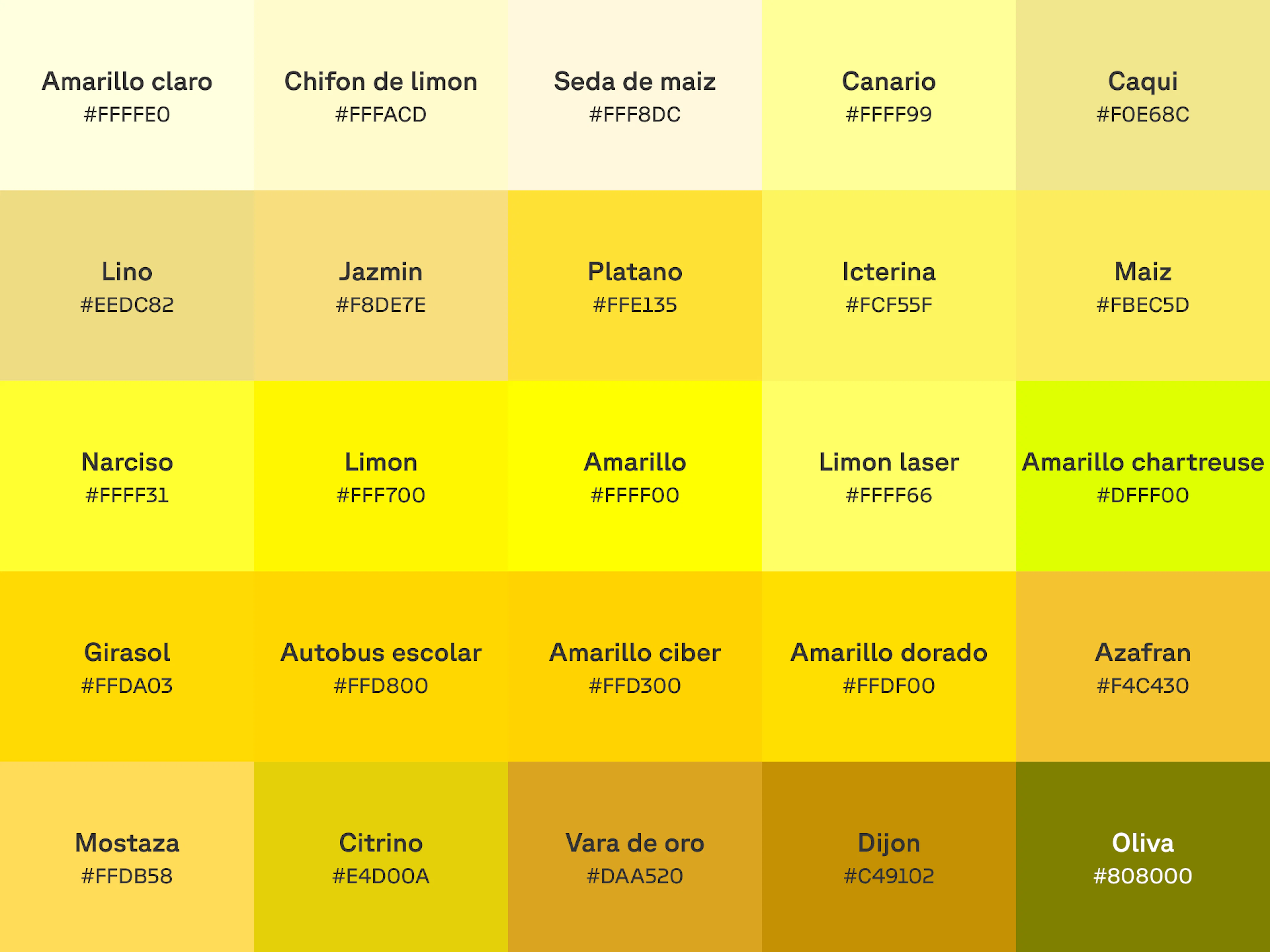 Gráfico de 25 tonos de amarillo con el nombre y el código hex en cada muestra de color.
