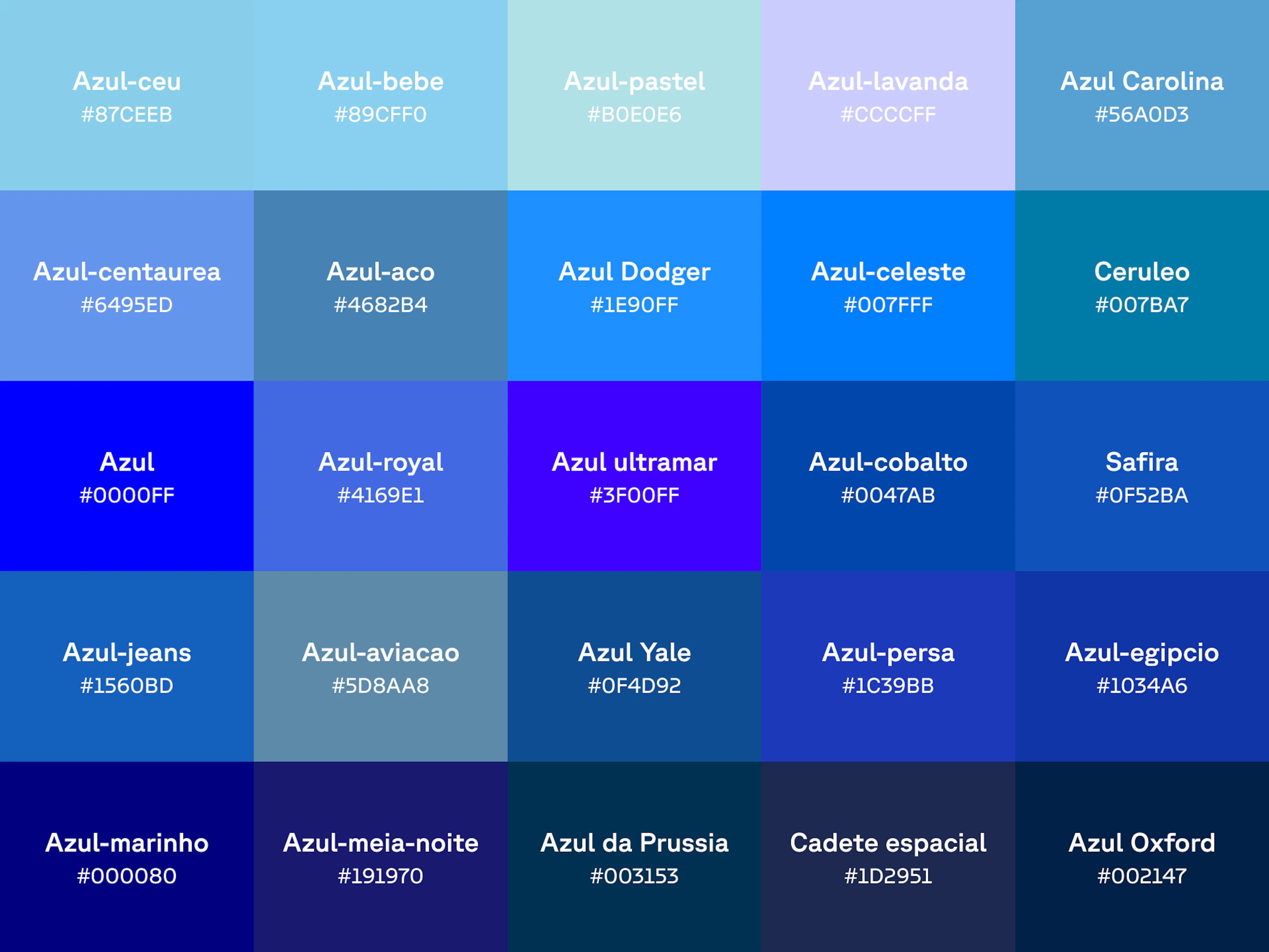Gráfico com 25 tons de azul com nome e código hex em cada amostra de cor.