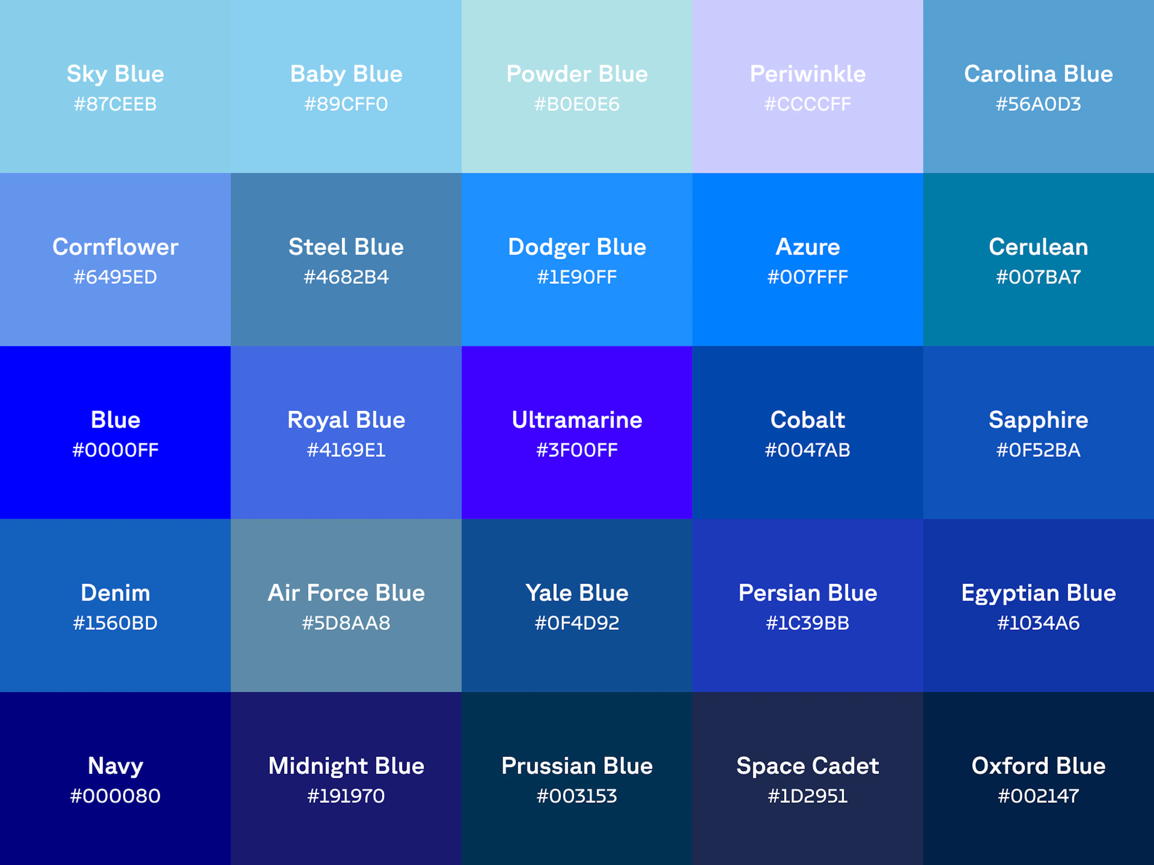 Chart of 25 shades of blue with name and hex code displayed on each color swatch.