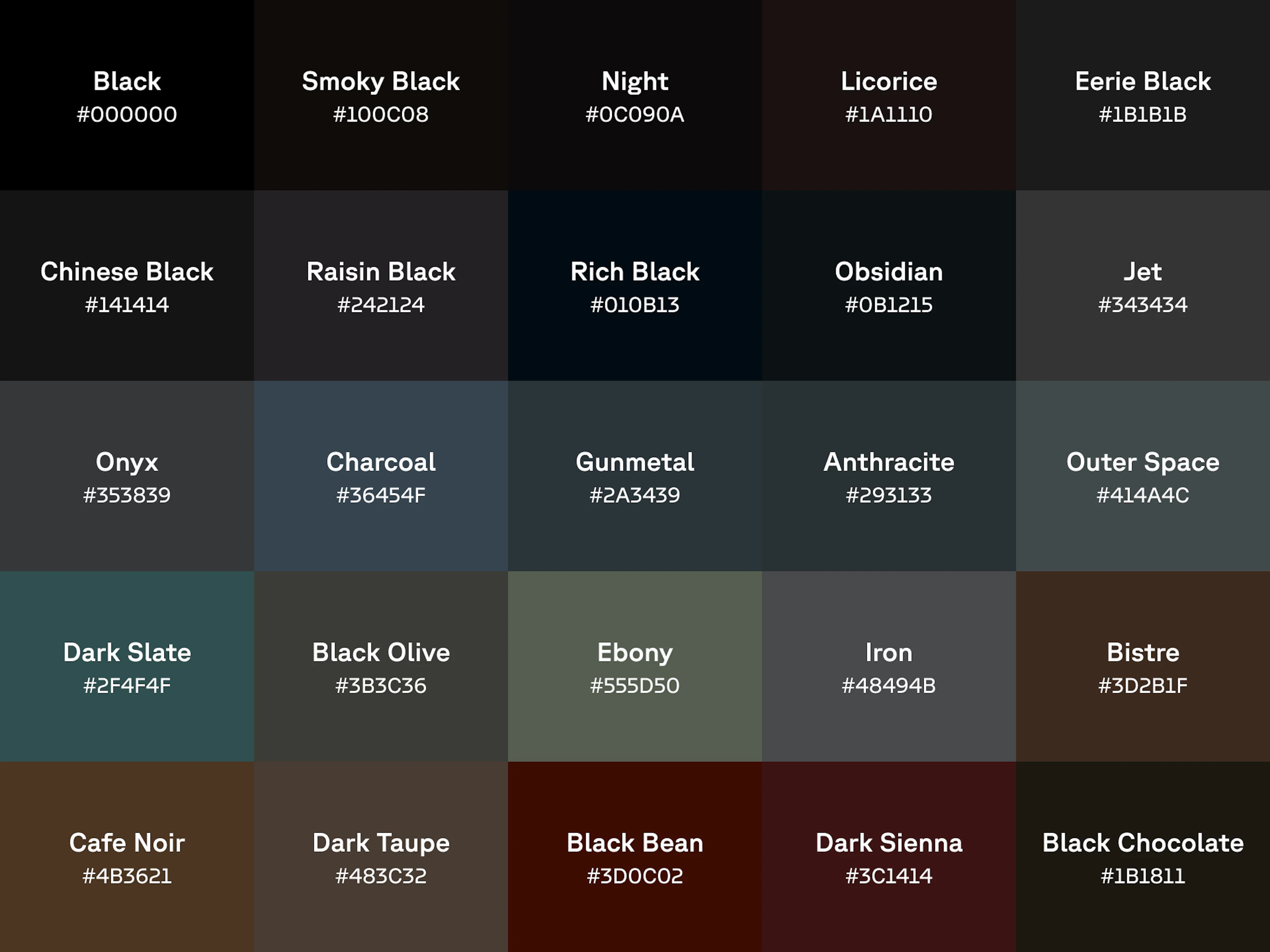 Chart of 25 shades of black with name and hex code displayed on each color swatch.