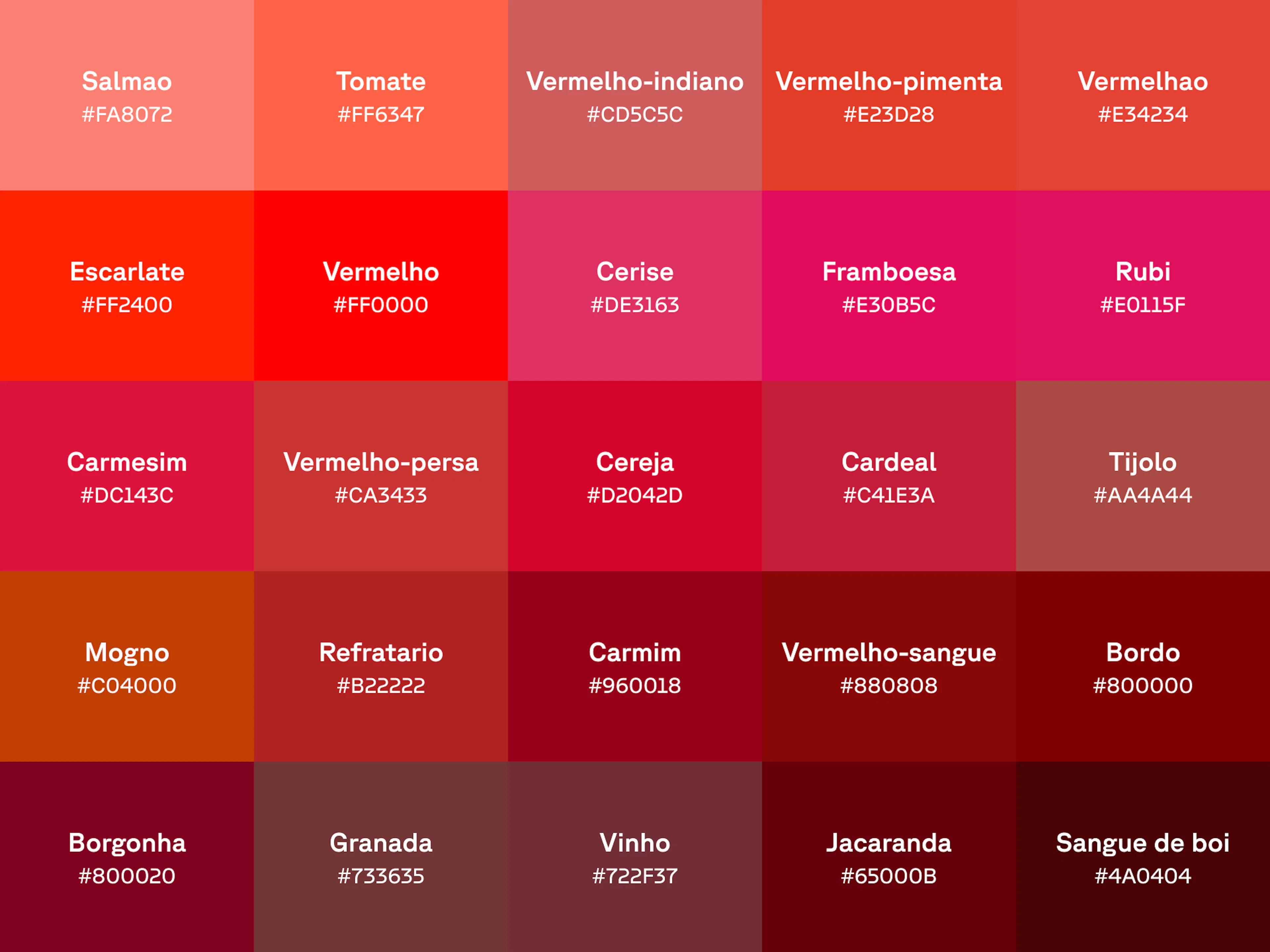 Gráfico com 25 tons de vermelho com nome e código hex em cada amostra de cor.