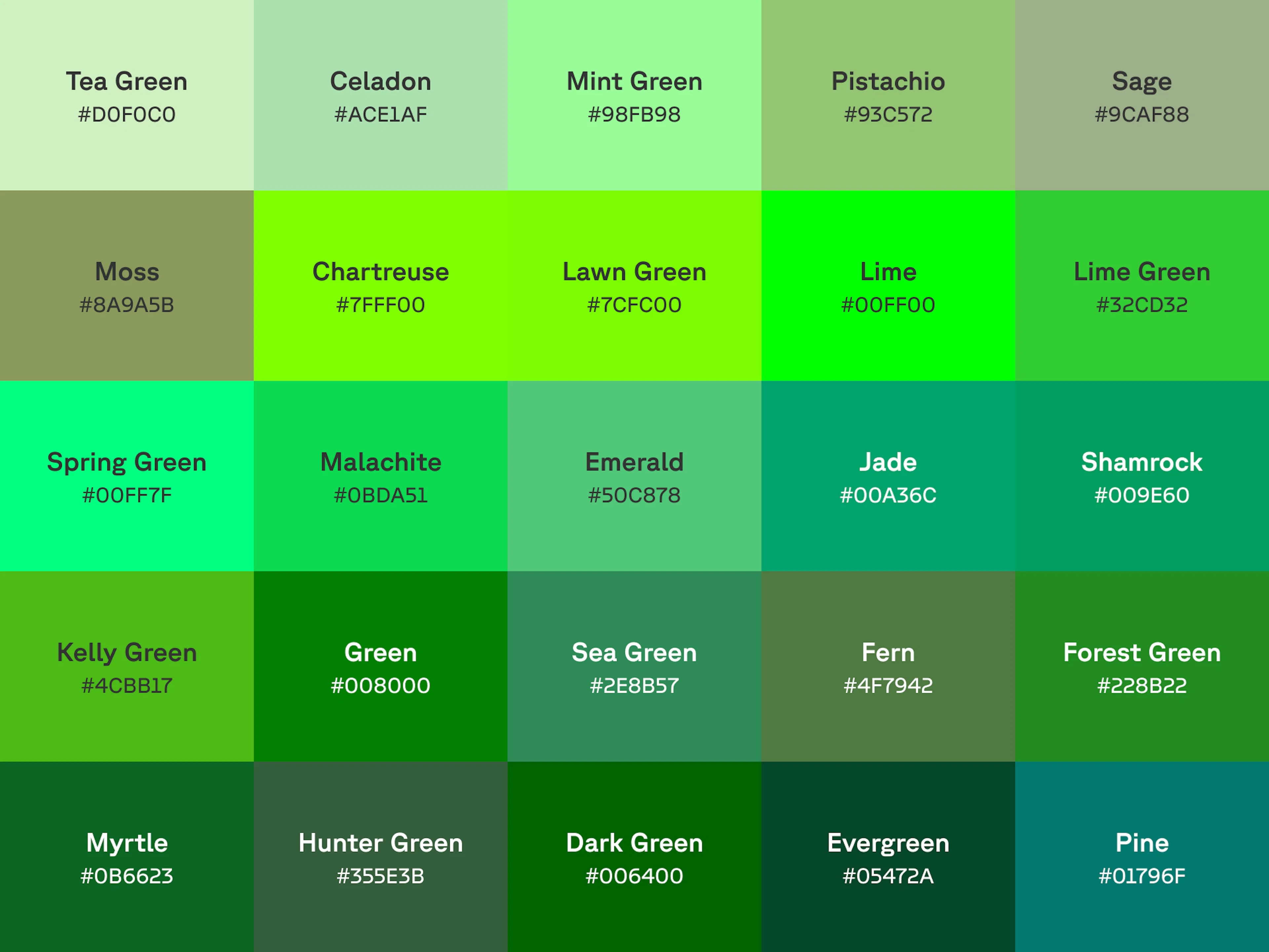 Chart of 25 shades of green with name and hex code displayed on each color swatch.