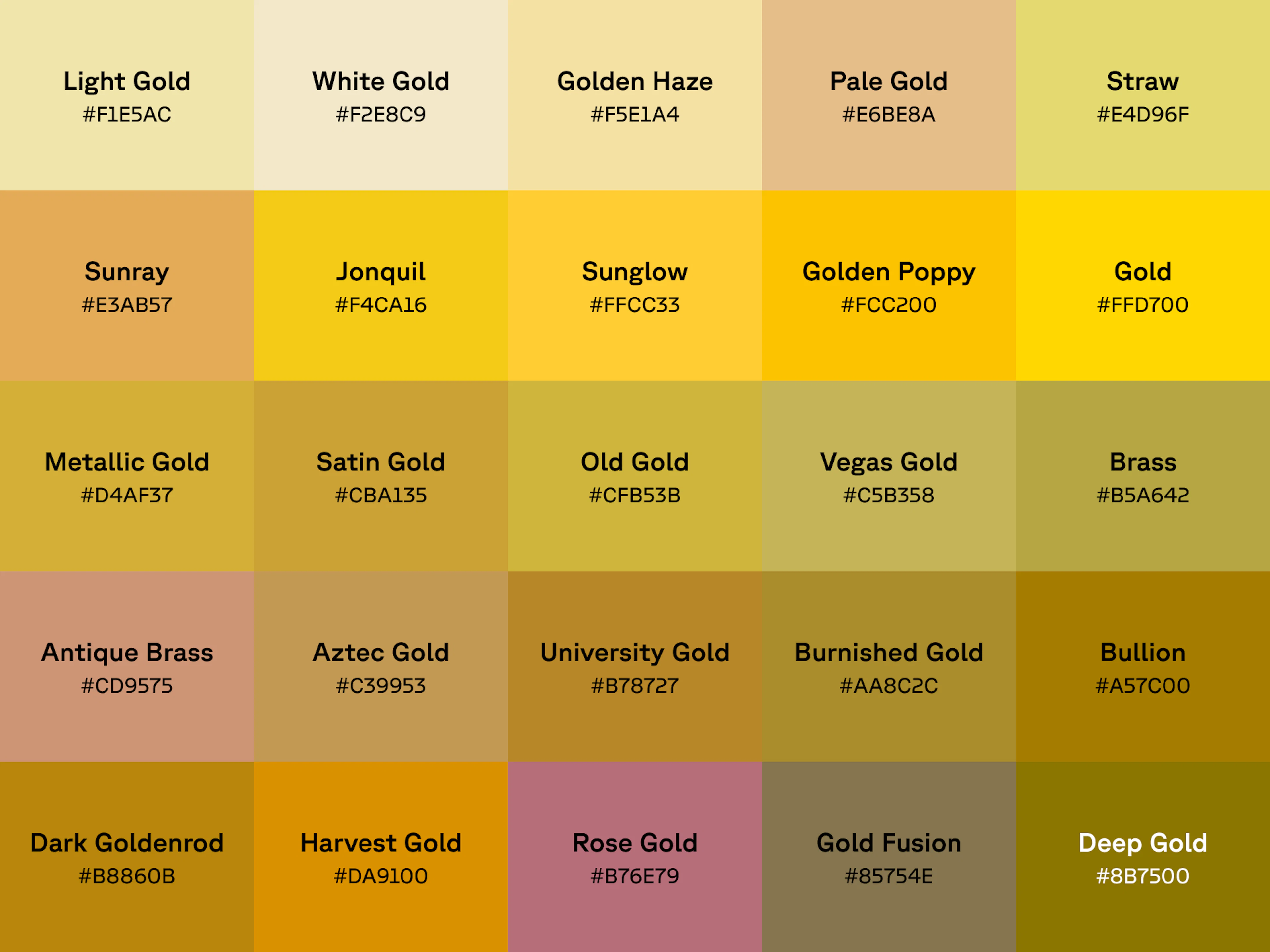 Chart of 25 shades of gold with name and hex code displayed on each color swatch.