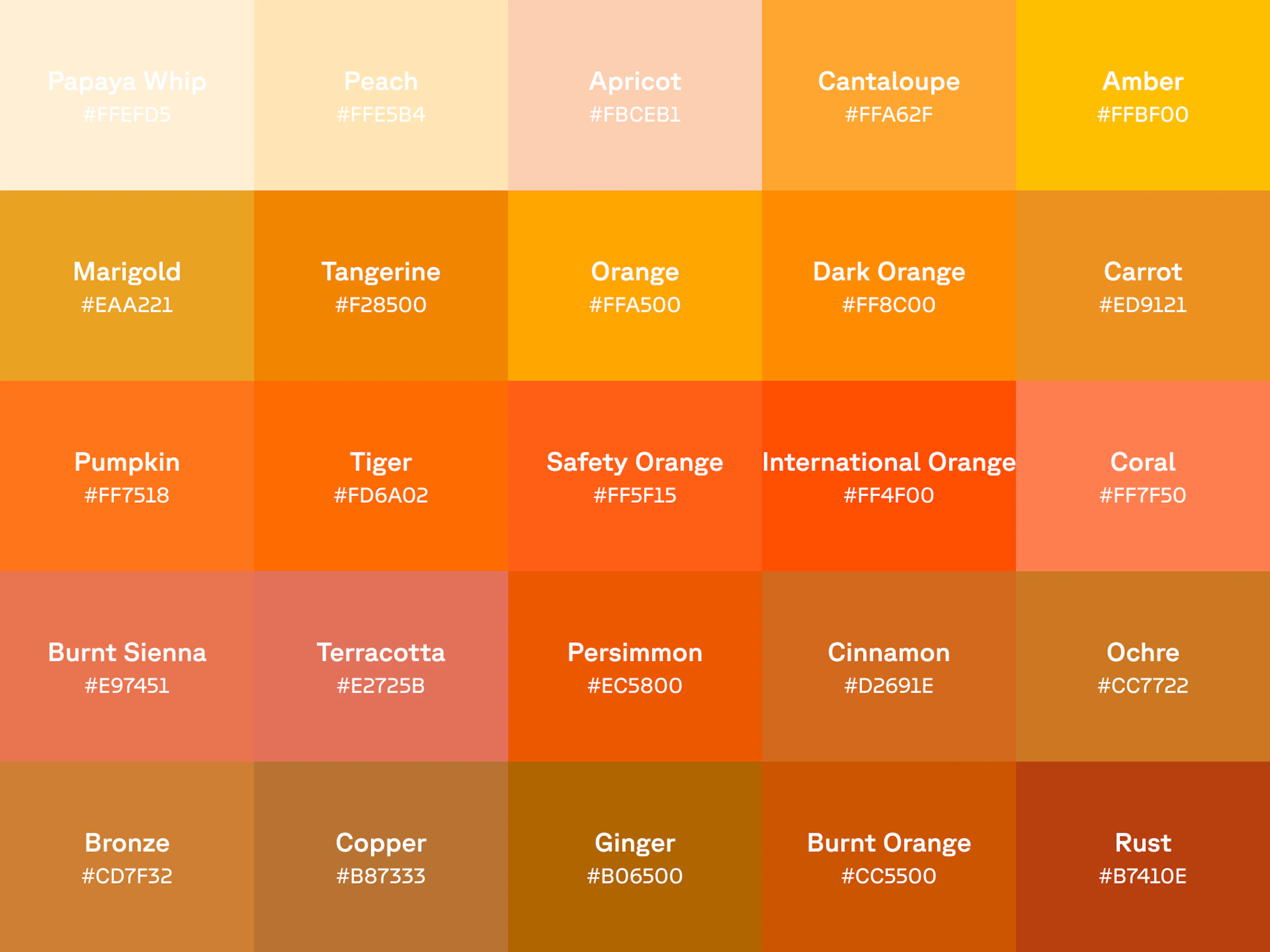 Chart of 25 shades of orange with name and hex code displayed on each color swatch.