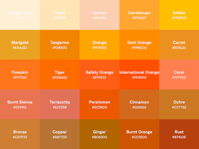 Chart of 25 shades of orange with name and hex code displayed on each color swatch.