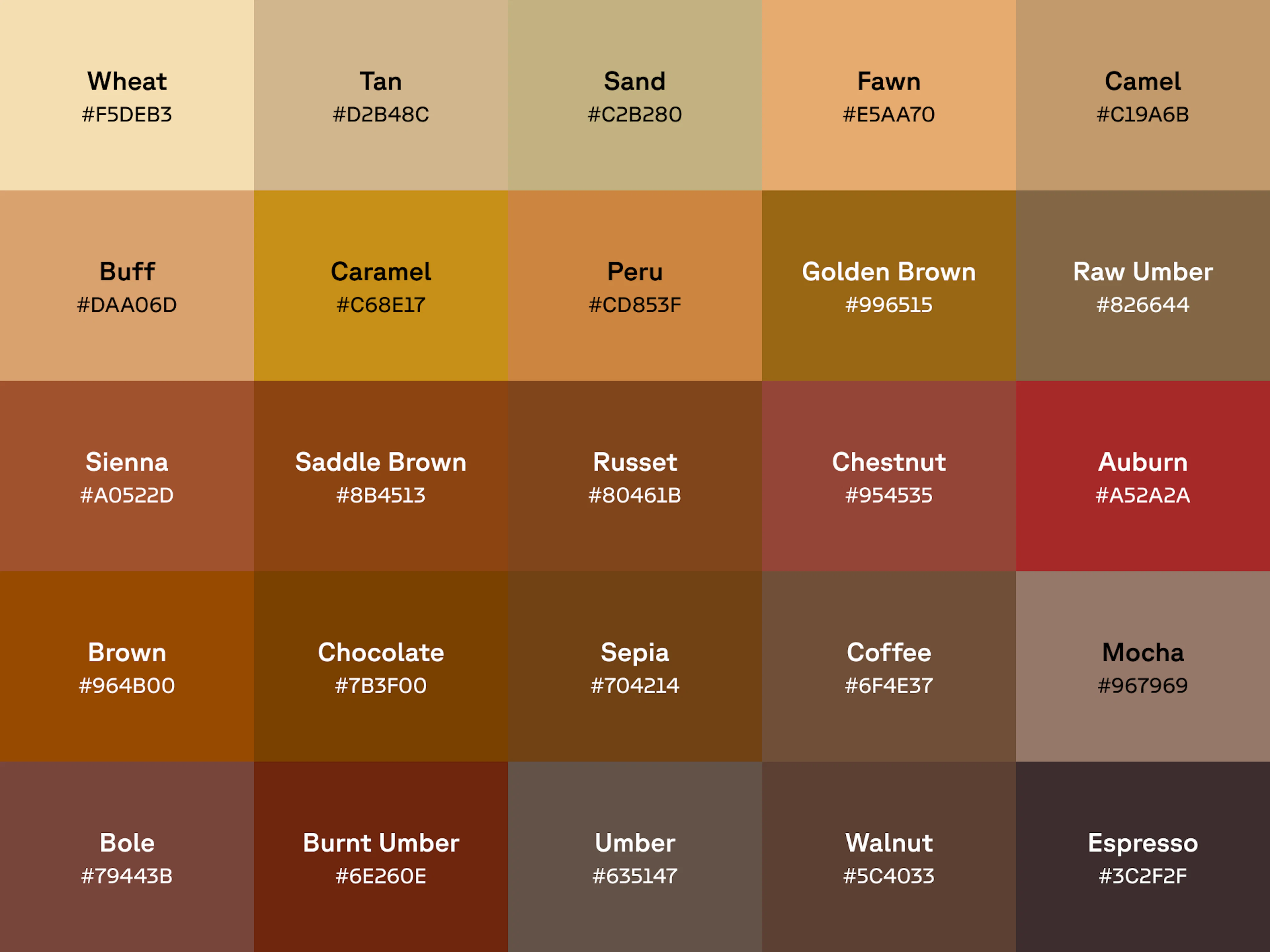 Chart of 25 shades of brown with name and hex code displayed on each color swatch.