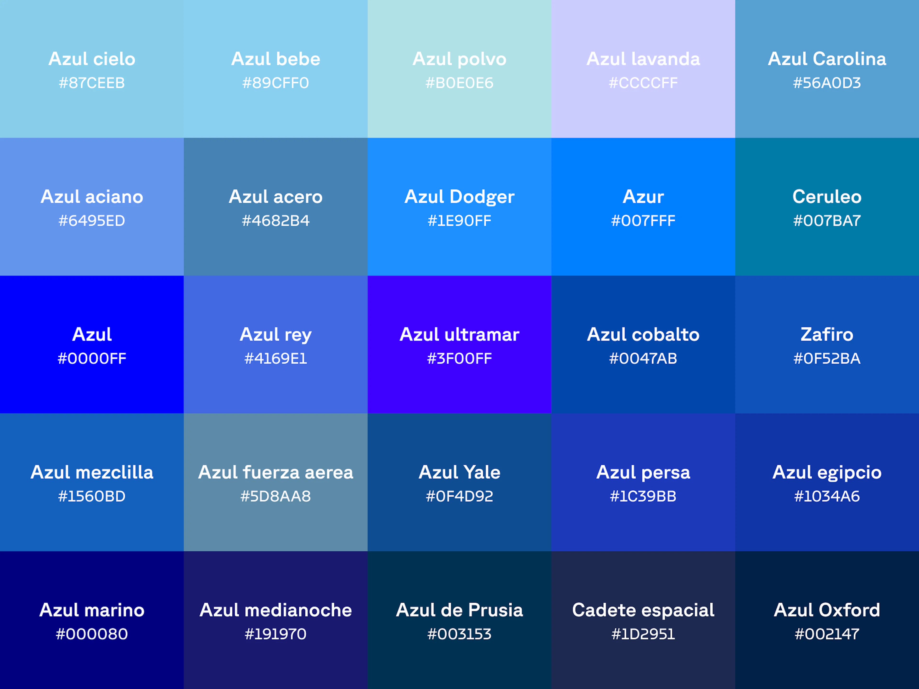 Gráfico de 25 tonos de azul con el nombre y el código hex en cada muestra de color.