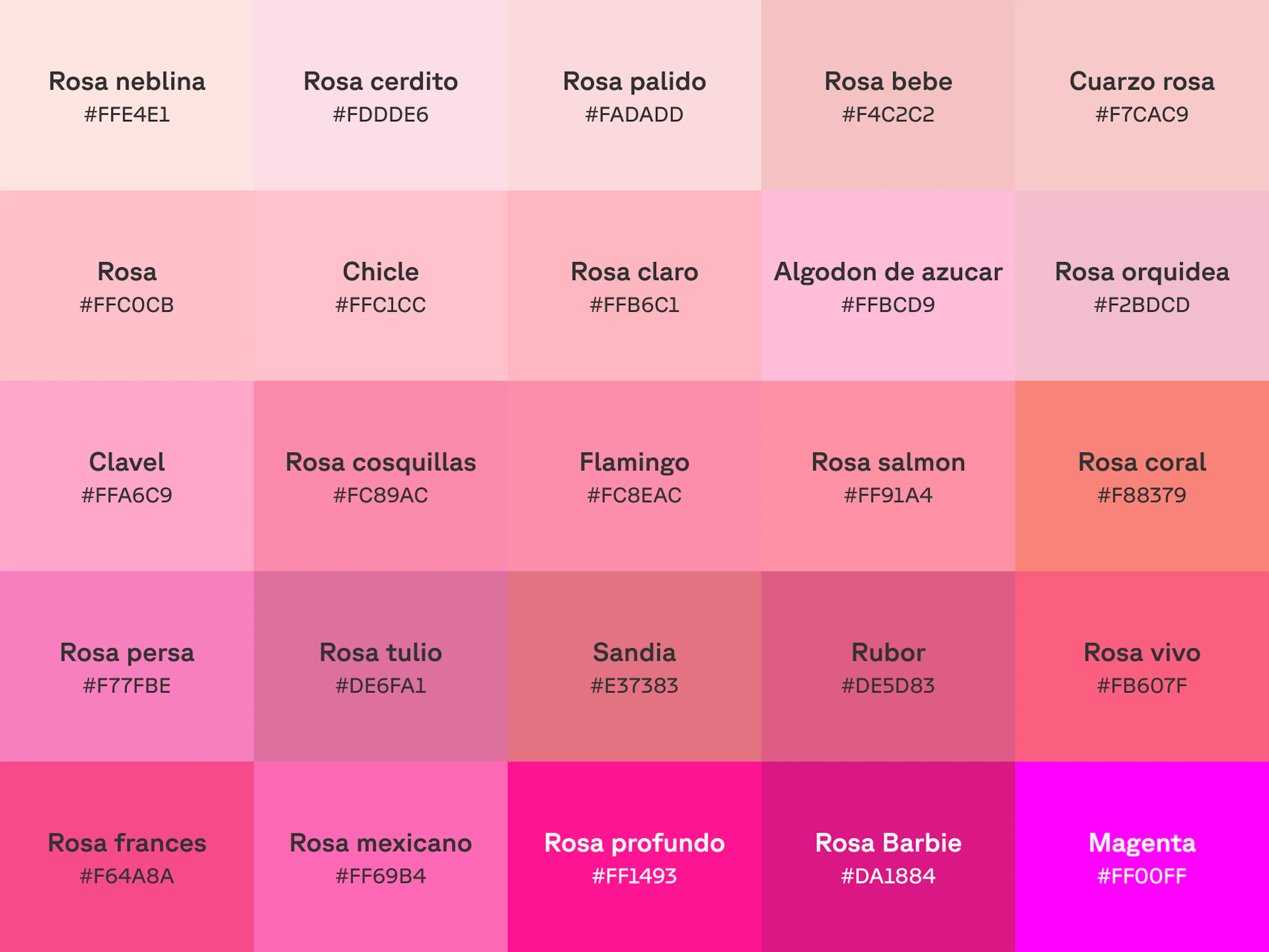 Gráfico de 25 tonos de rosa con el nombre y el código hex en cada muestra de color.