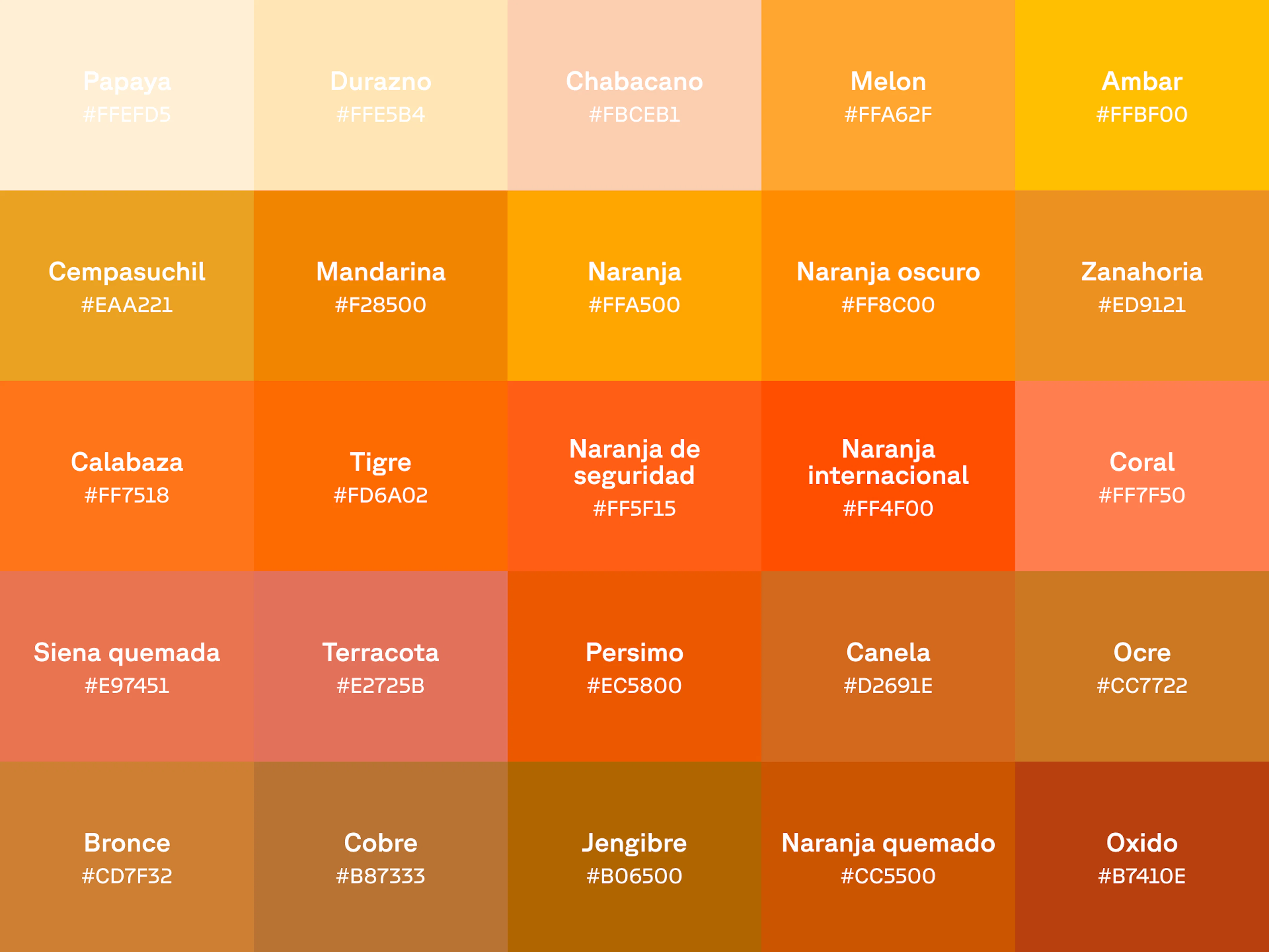 Gráfico de 25 tonos de naranja con el nombre y el código hex en cada muestra de color.