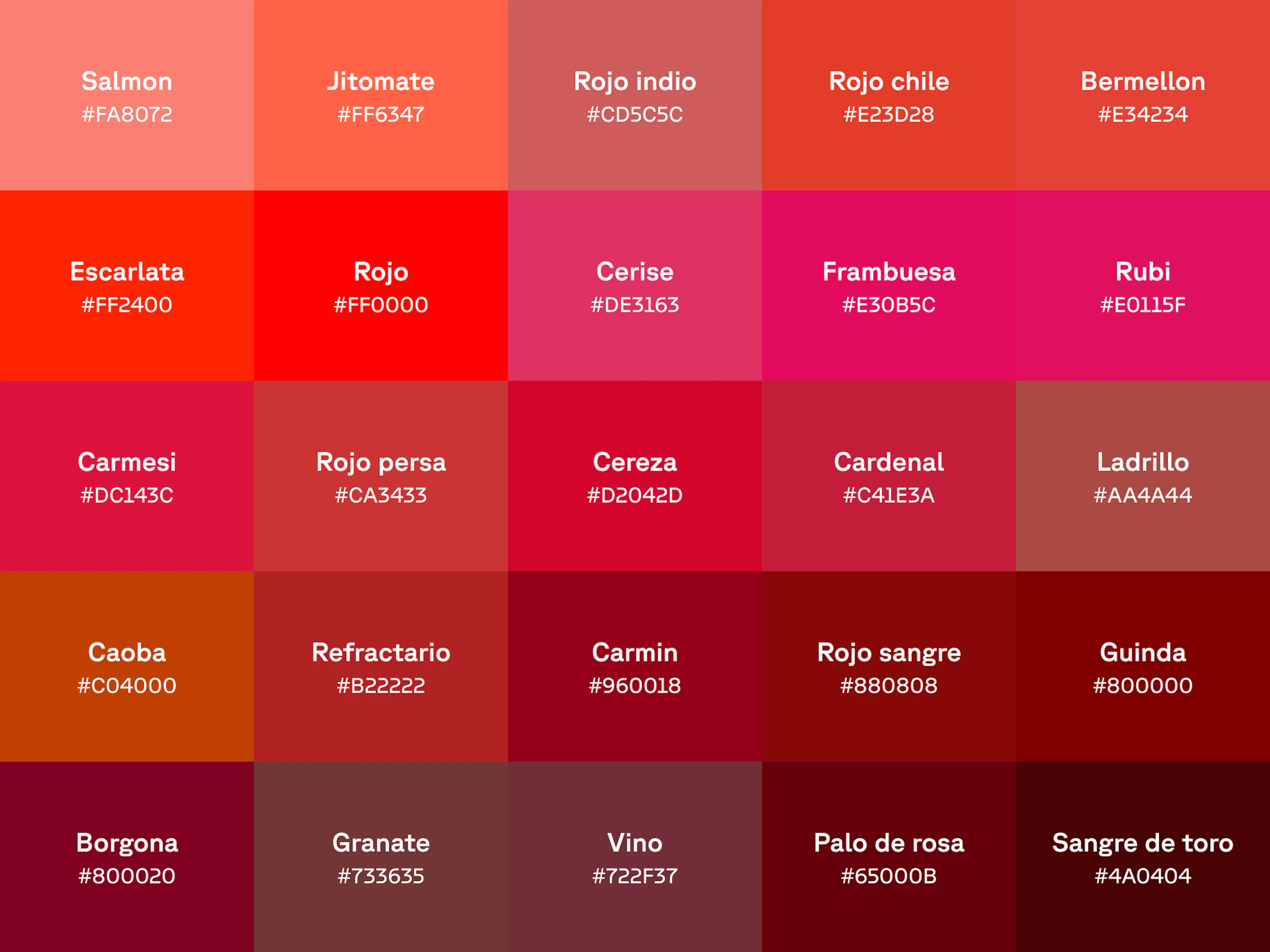 Gráfico de 25 tonos de rojo con el nombre y el código hex en cada muestra de color.