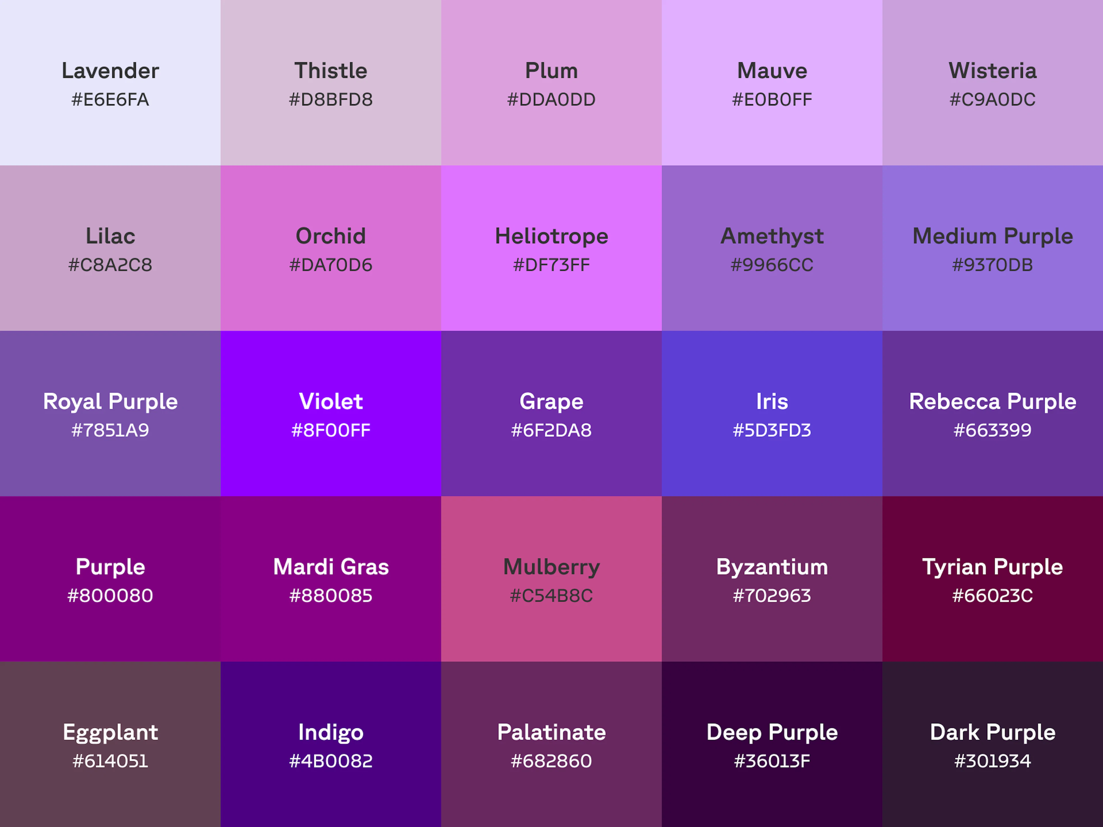 Chart of 25 shades of purple with name and hex code displayed on each color swatch.