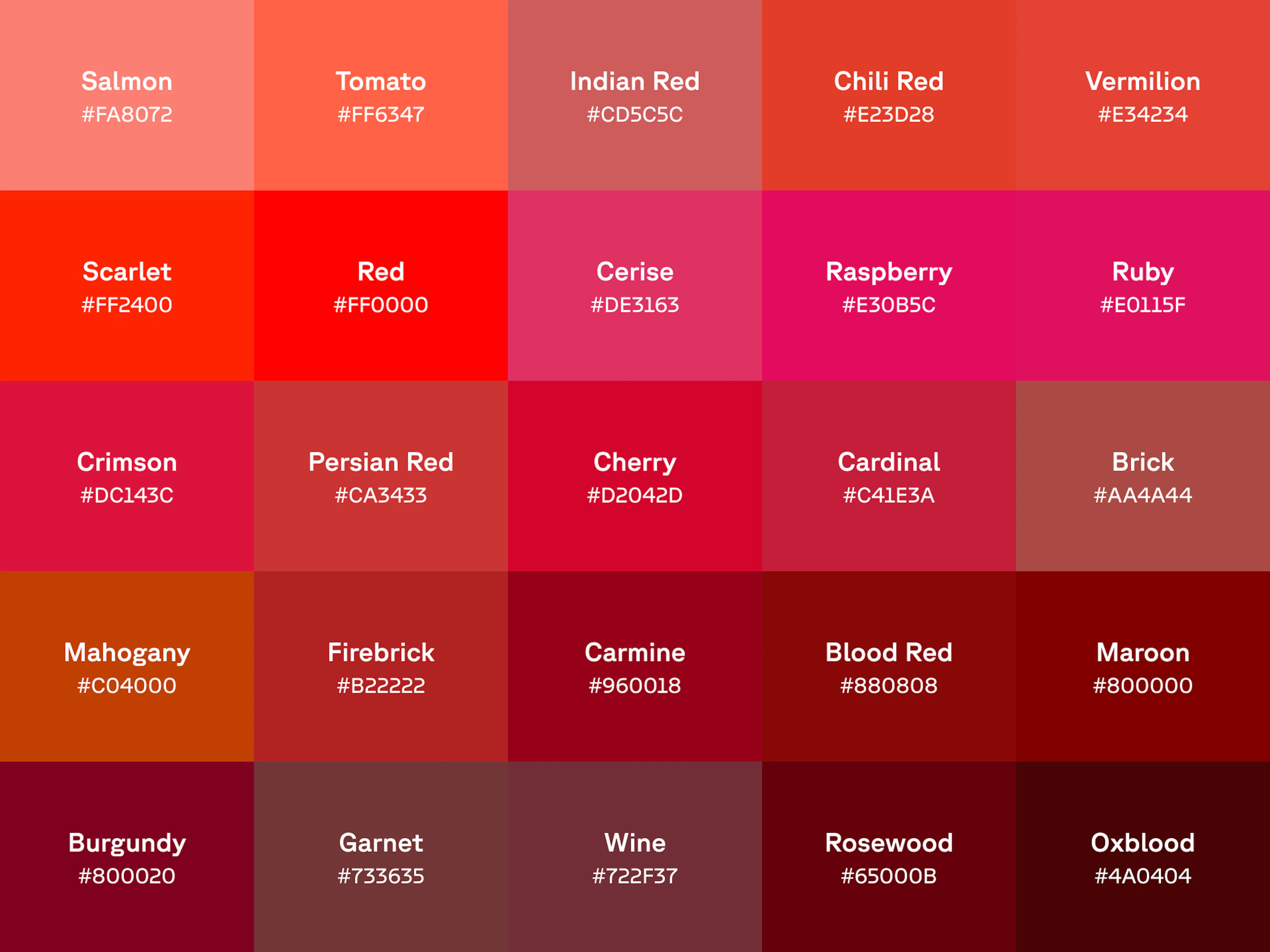 Chart of 25 shades of red with name and hex code displayed on each color swatch.