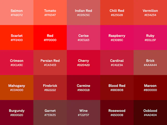 Chart of 25 shades of red with name and hex code displayed on each color swatch.