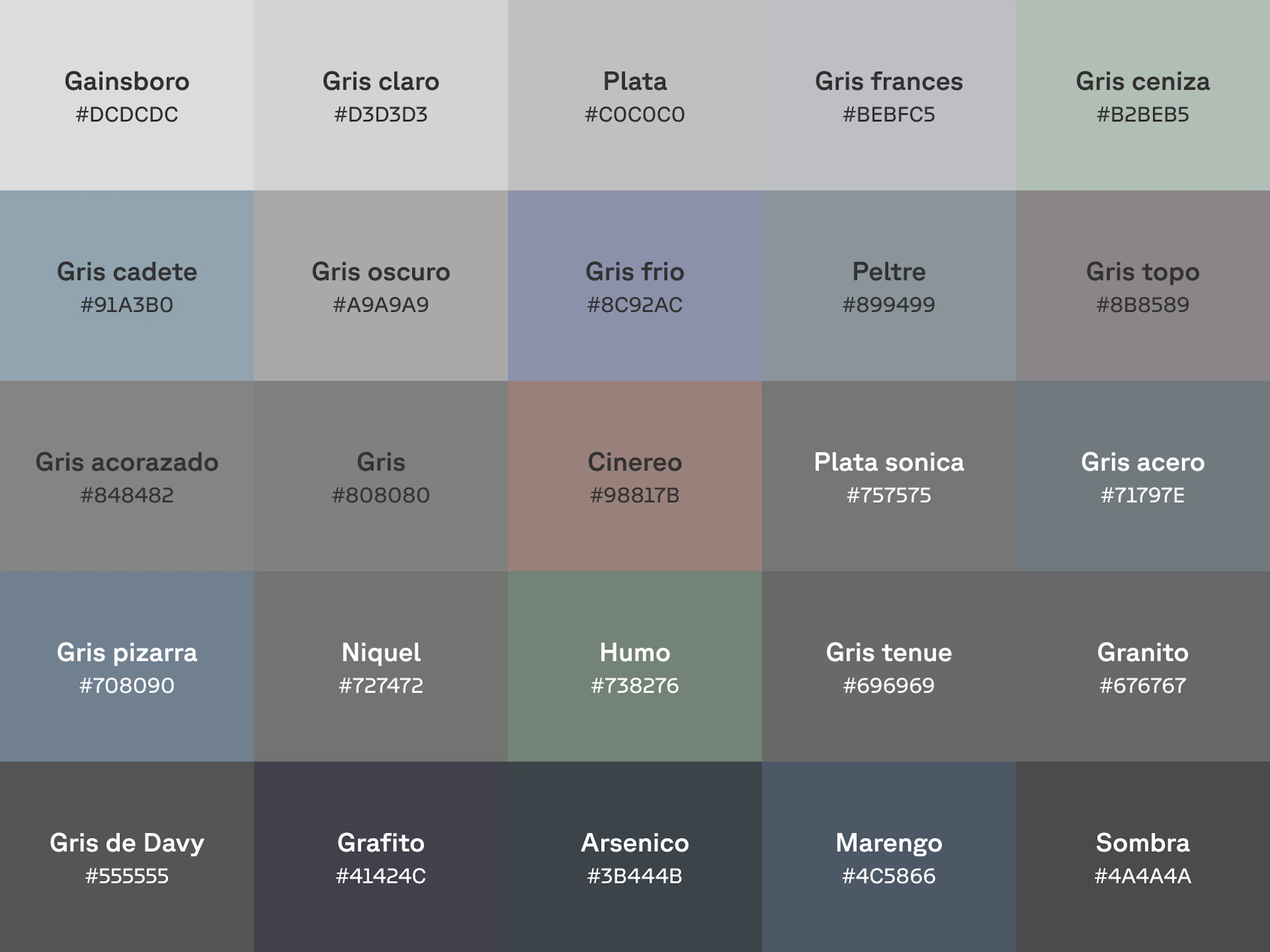 Gráfico de 25 tonos de gris con el nombre y el código hex en cada muestra de color.