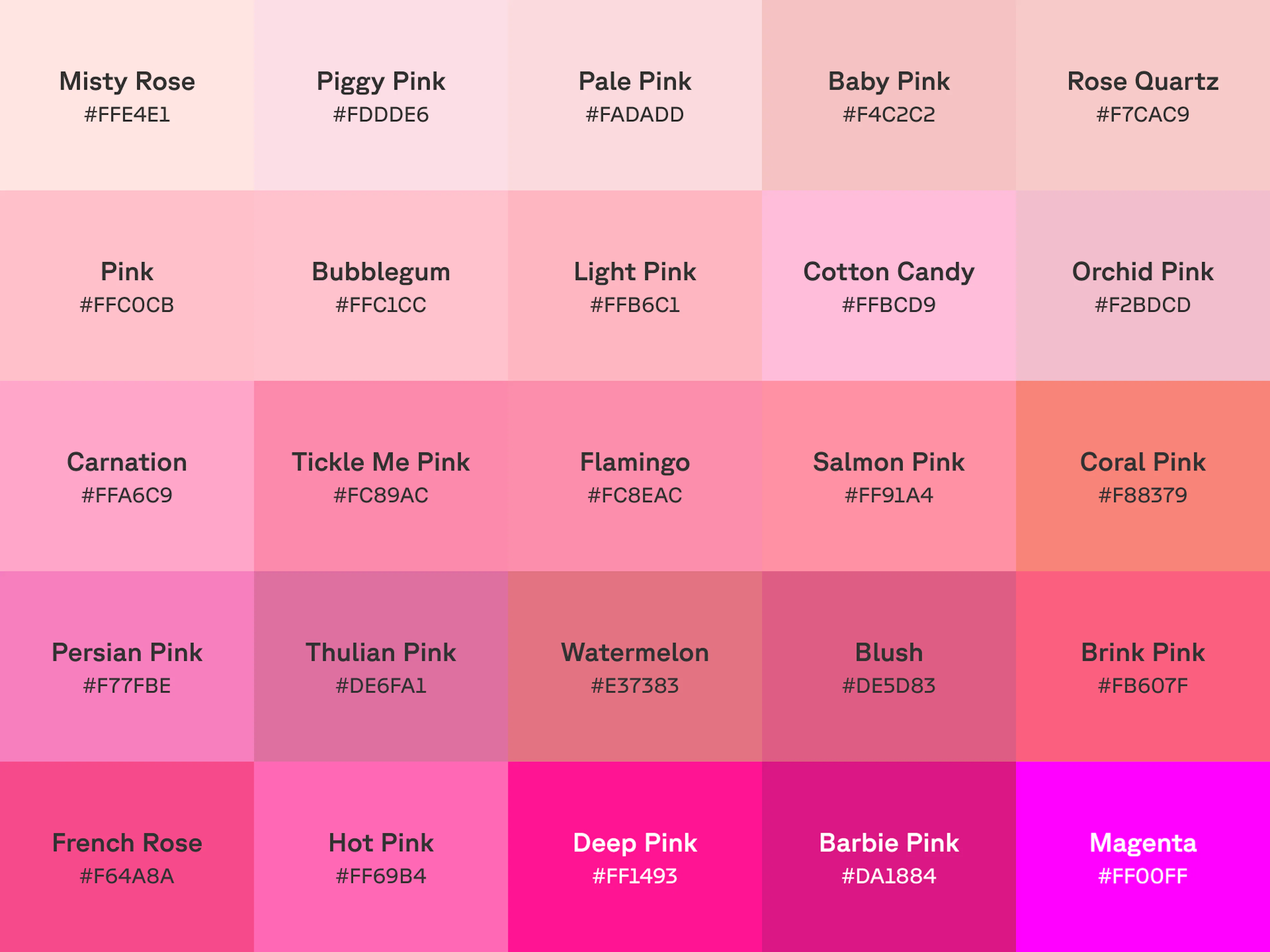 Chart of 25 shades of pink with name and hex code displayed on each color swatch.