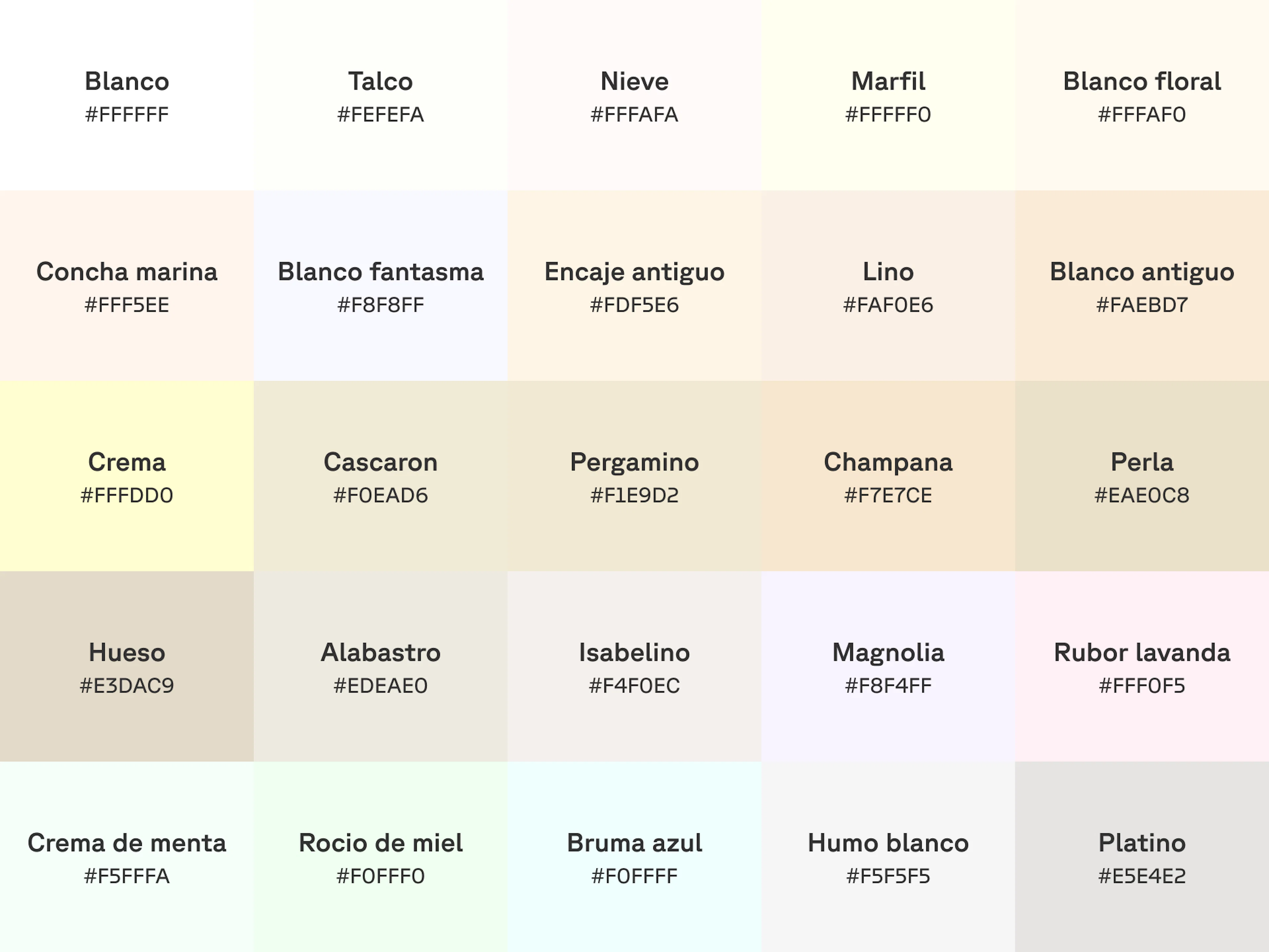 Gráfico de 25 tonos de blanco con el nombre y el código hex en cada muestra de color.