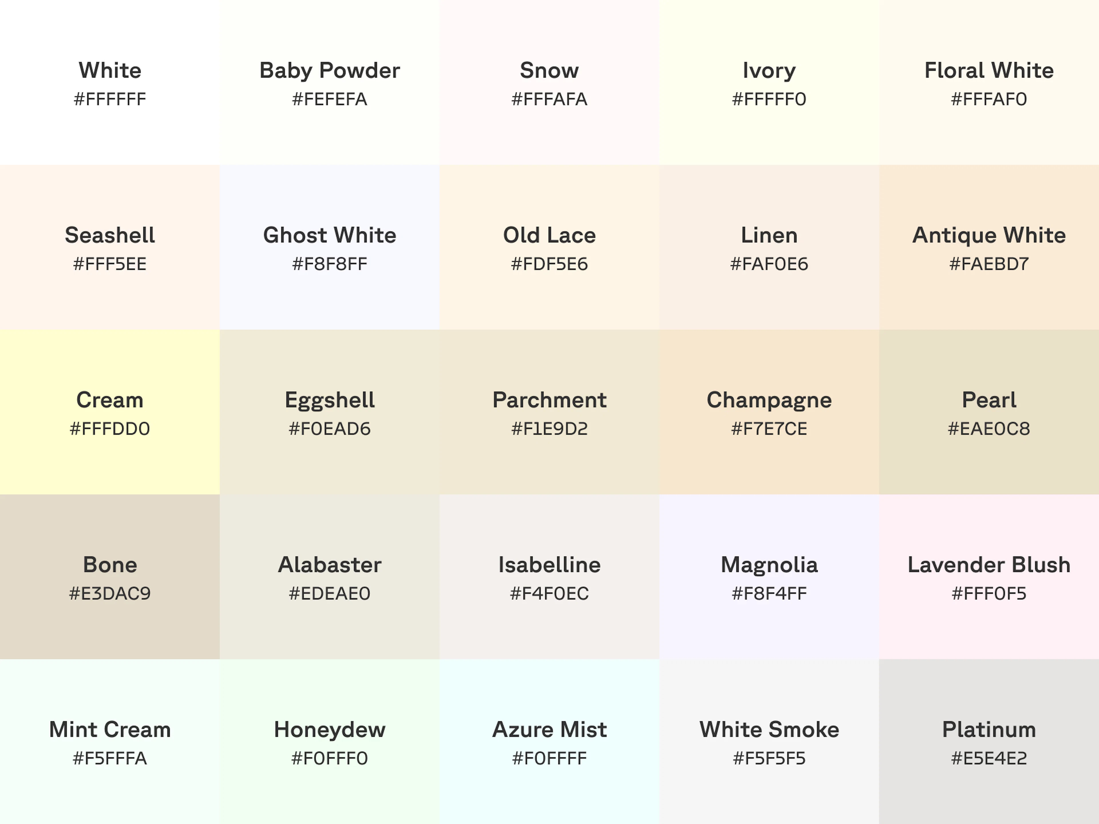 Chart of 25 shades of white with name and hex code displayed on each color swatch.