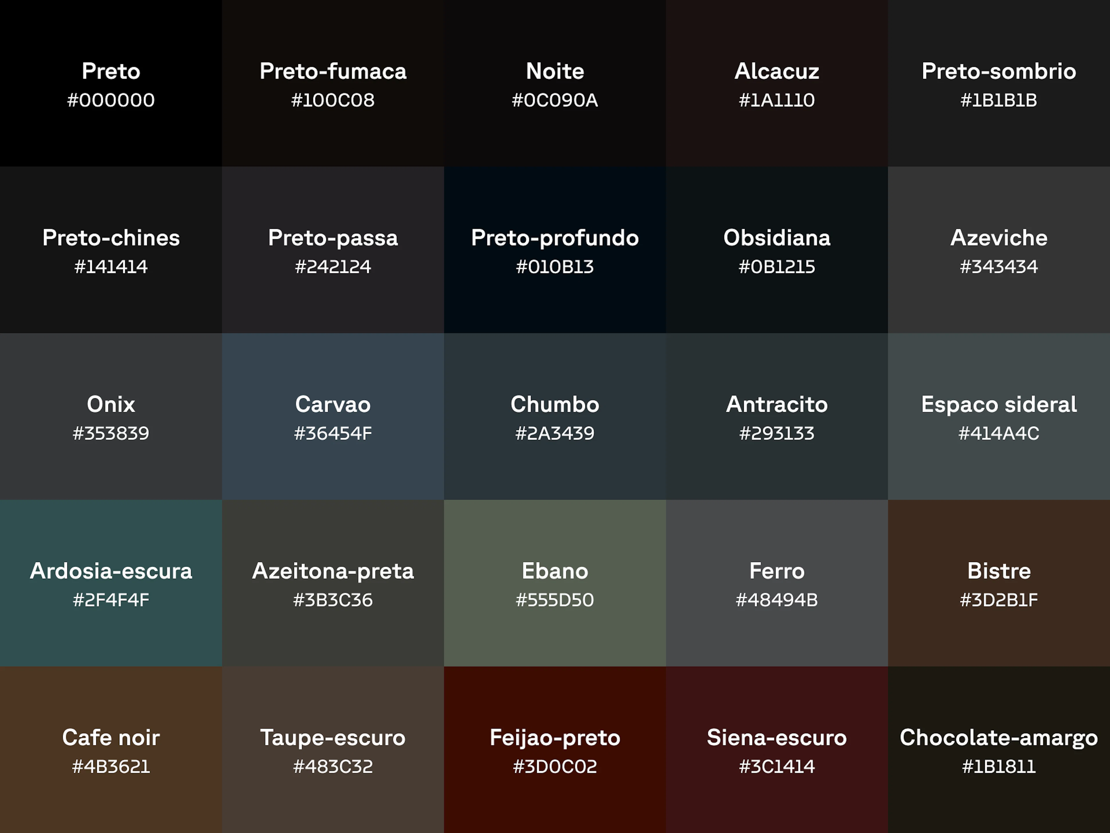 Gráfico com 25 tons de preto com nome e código hex em cada amostra de cor.
