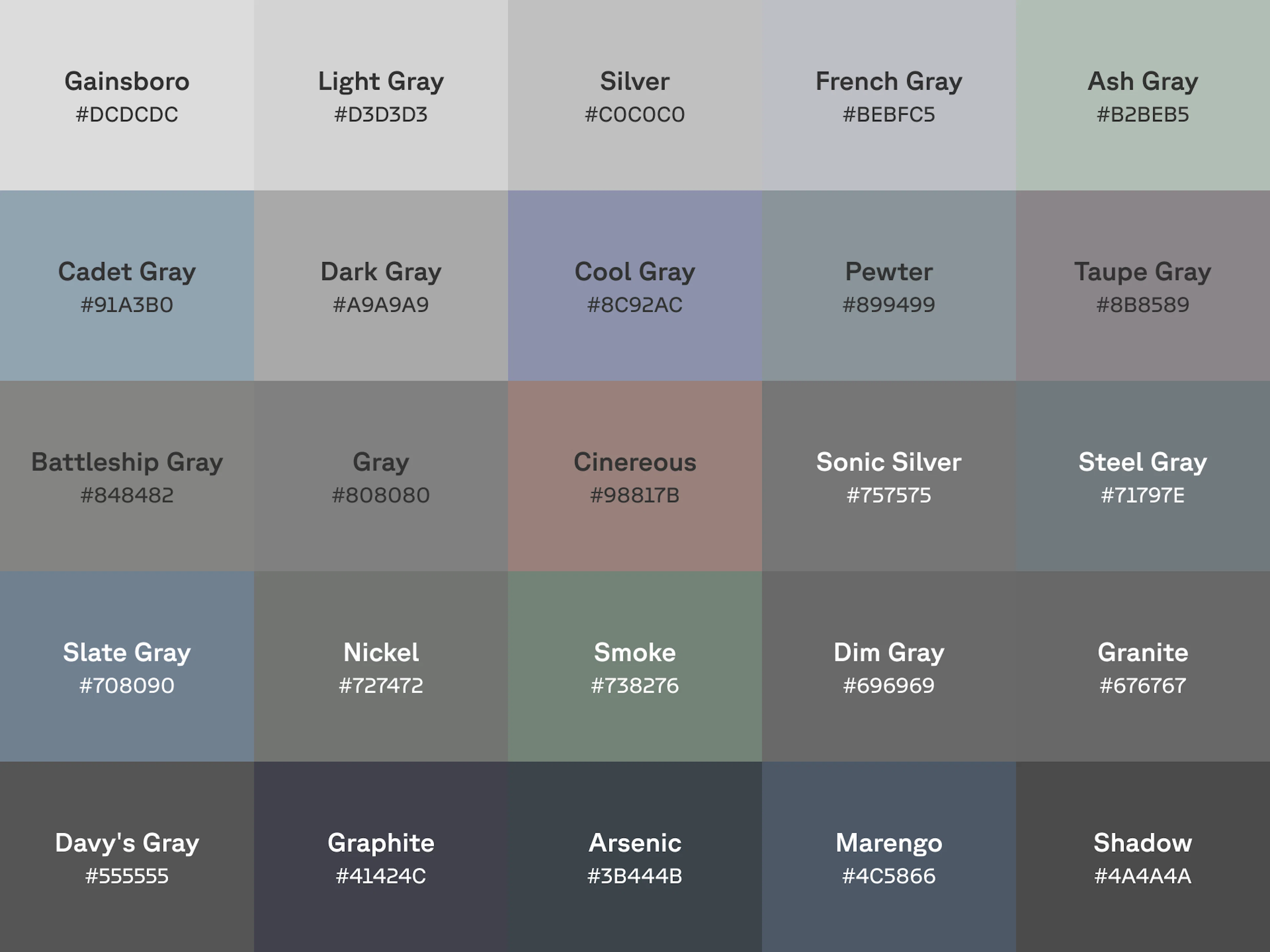 Chart of 25 shades of gray with name and hex code displayed on each color swatch.