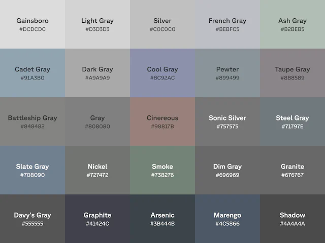 Chart of 25 shades of gray with name and hex code displayed on each color swatch.