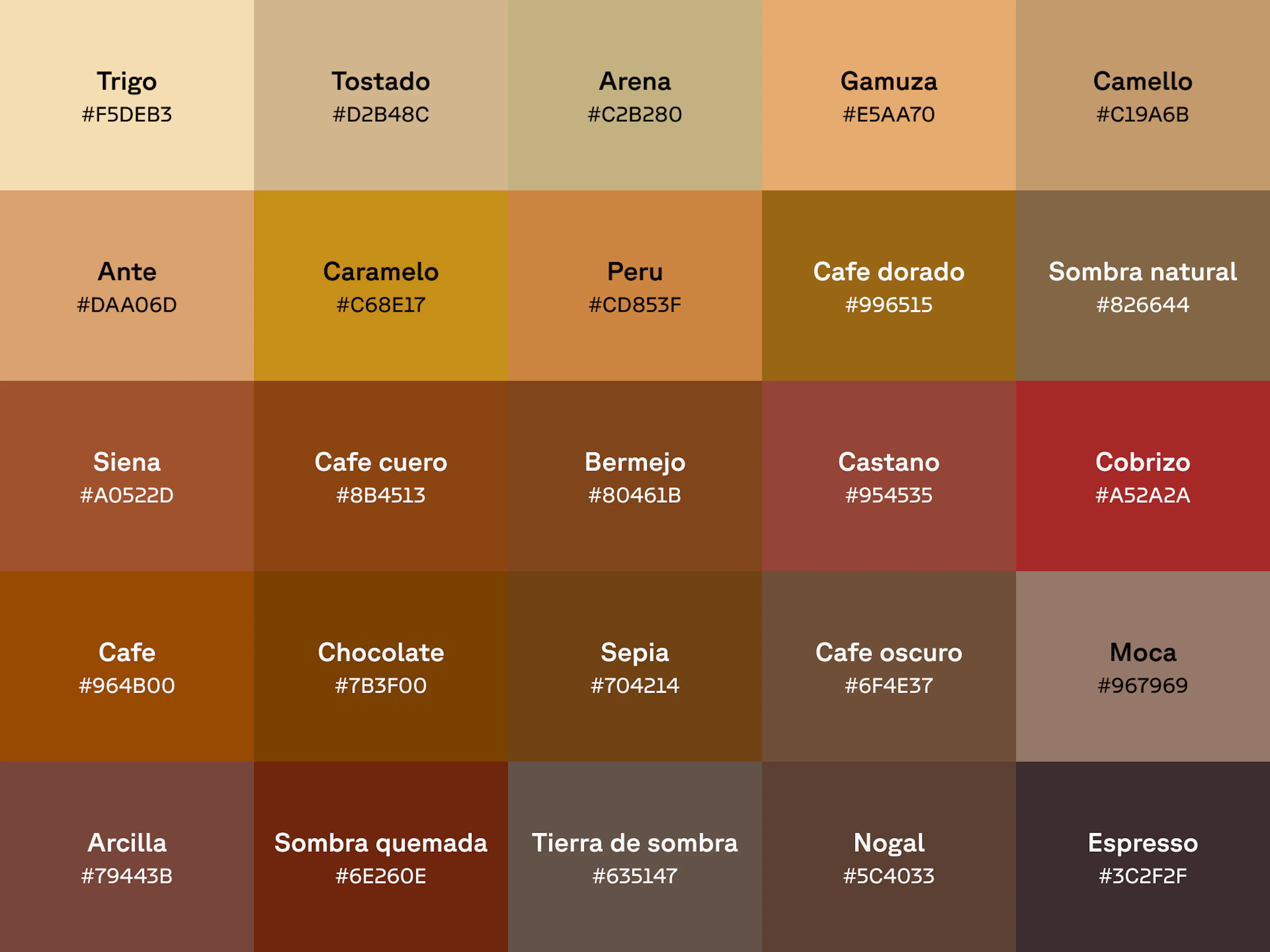 Gráfico de 25 tonos de café con el nombre y el código hex en cada muestra de color.